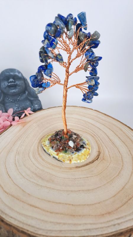 Arbre du Bonheur en Lapis-lazuli sur tranche d'Agate