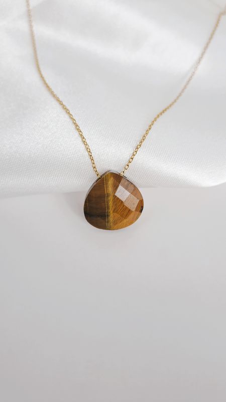 Collier et pendentif en Œil de tigre - Acier inoxydable