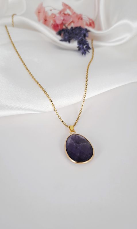Collier et pendentif en Améthyste - Acier inoxydable doré - Equilibre
