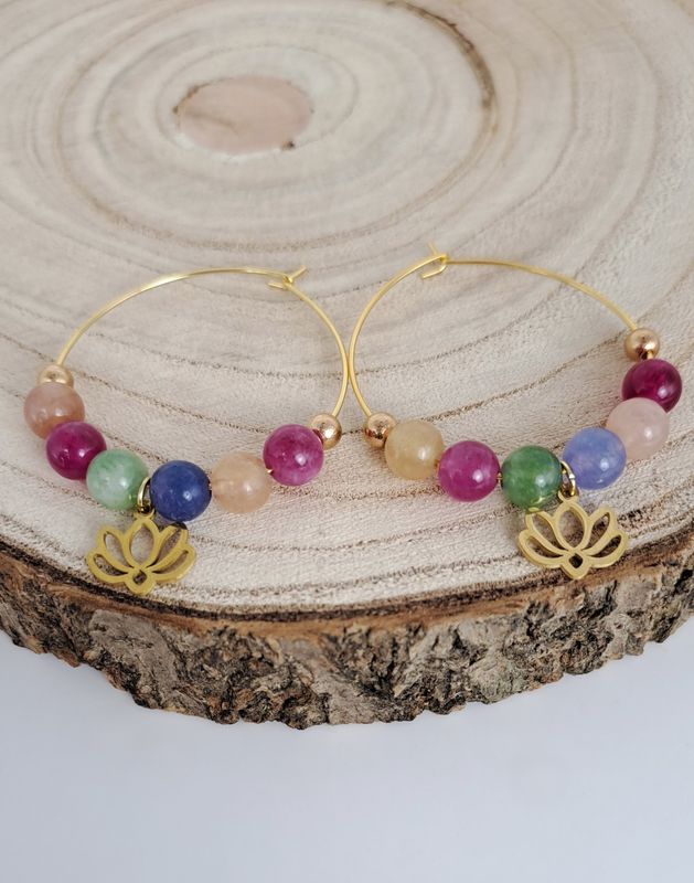 Boucles d'oreilles "Créole" en Tourmaline multicolore et acier inoxydable dorée - Énergie et protection arc-en-ciel