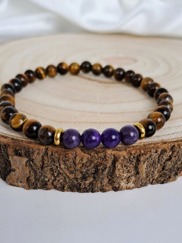 Bracelet Améthyste et Œil de tigre 6mm - Équilibre et protection