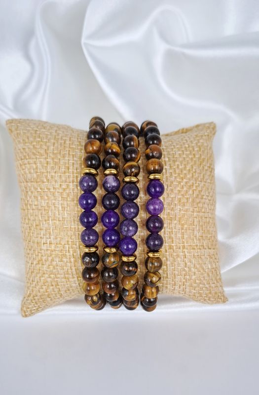 Bracelet Améthyste et Œil de tigre 6mm - Équilibre et protection