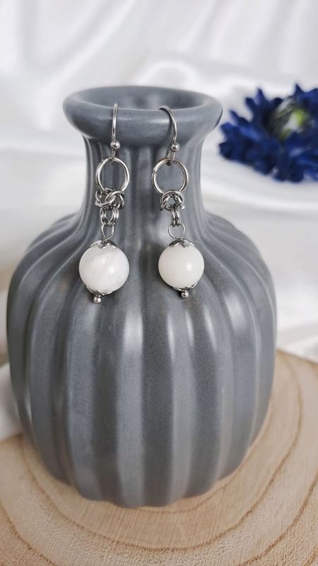 Boucles d'oreilles Pierre de Lune blanche - Acier inoxydable argent