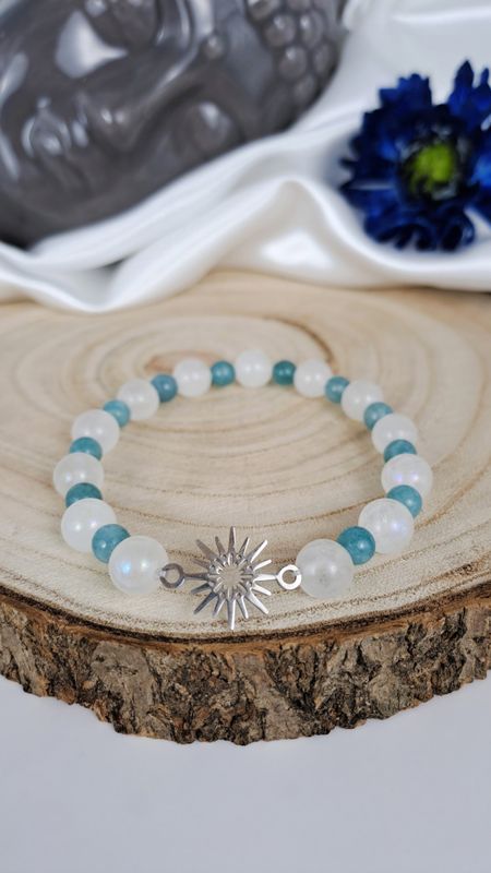 Bracelet Pierre de Lune "Arc-en-ciel" et Aigue-marine - Douceur, intuition, expression