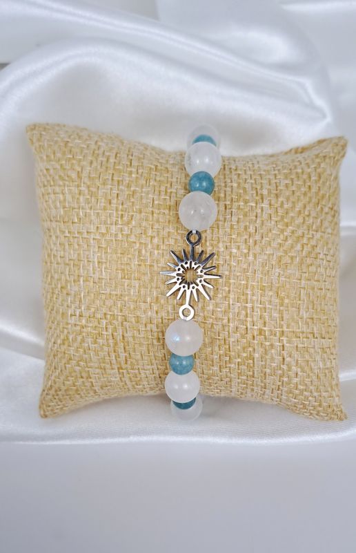 Bracelet Pierre de Lune "Arc-en-ciel" et Aigue-marine - Douceur, intuition, expression
