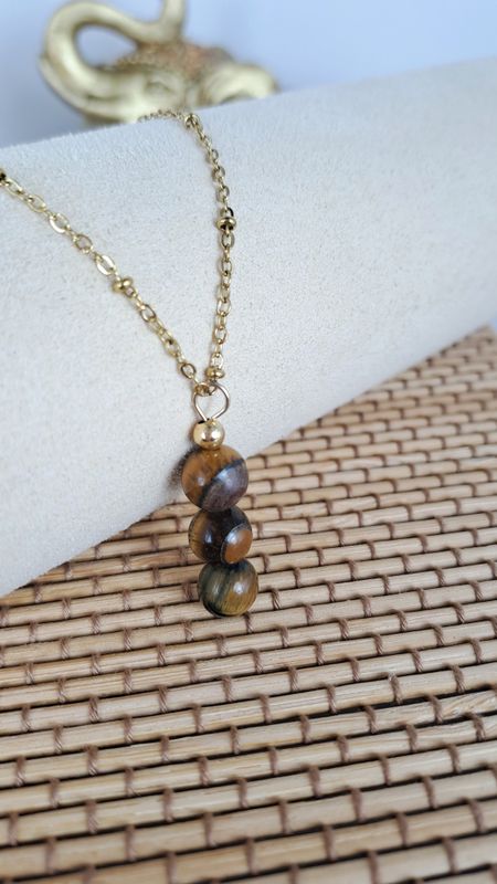 Collier et pendentif en Œil de tigre - Acier inoxydable