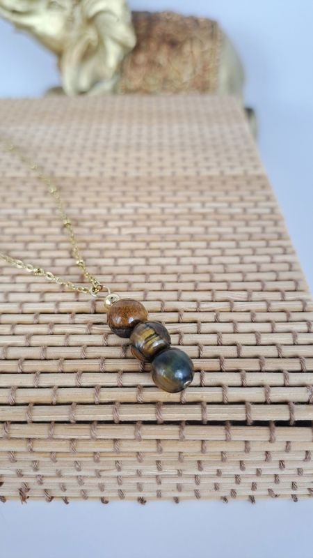 Collier et pendentif en Œil de tigre - Acier inoxydable