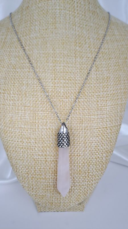 Collier Quartz rose - Acier inoxydable argent