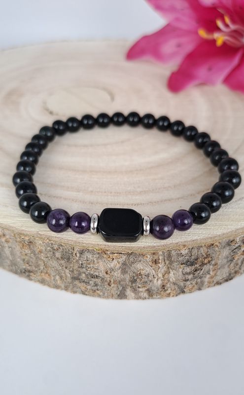 Bracelet Obsidienne noire et Améthyste - Protection, clarté