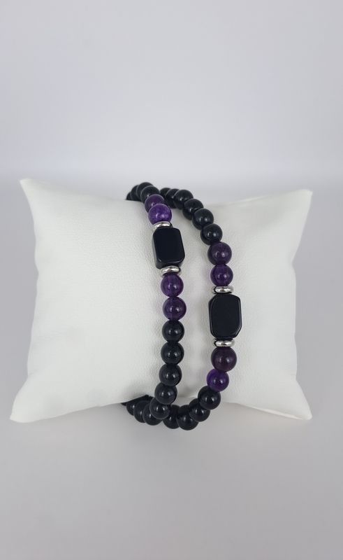 Bracelet Obsidienne noire et Améthyste - Protection, clarté