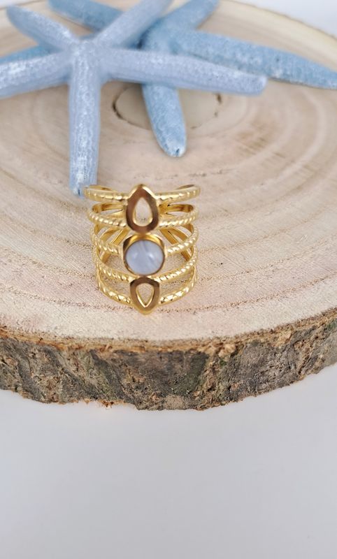 Bague Calcédoine bleue - Acier inoxydable doré