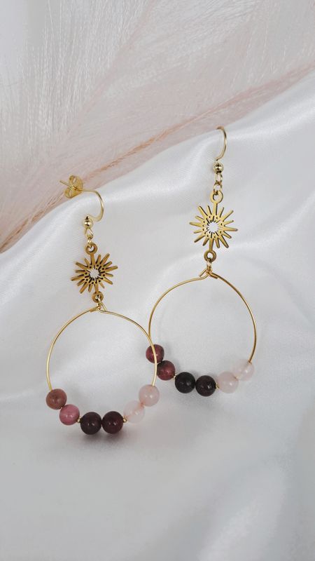 Boucles d'oreilles Harmonie du cœur - Rhodonite, Quartz rose et Grenat