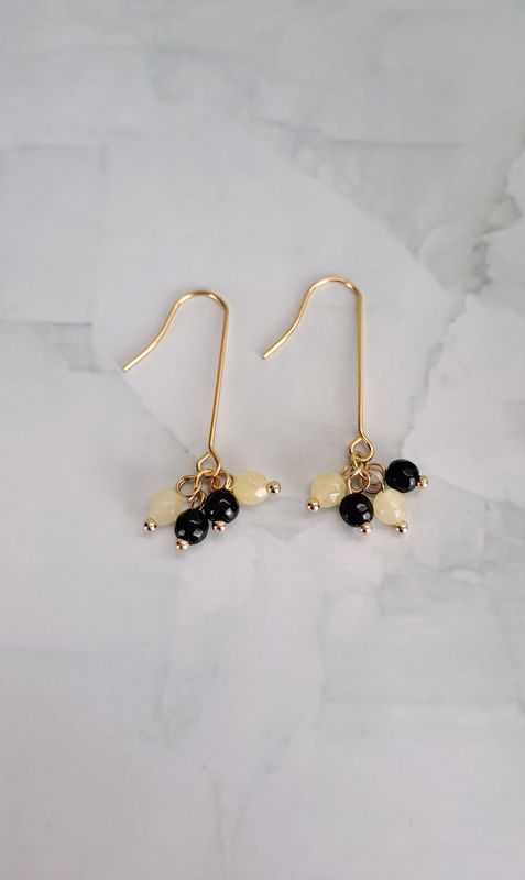 Boucles d'oreilles Agate noire et Citrine - Acier inoxydable doré