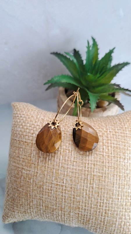 Boucles d'oreilles "Créole" Œil de tigre - Acier inoxydable doré