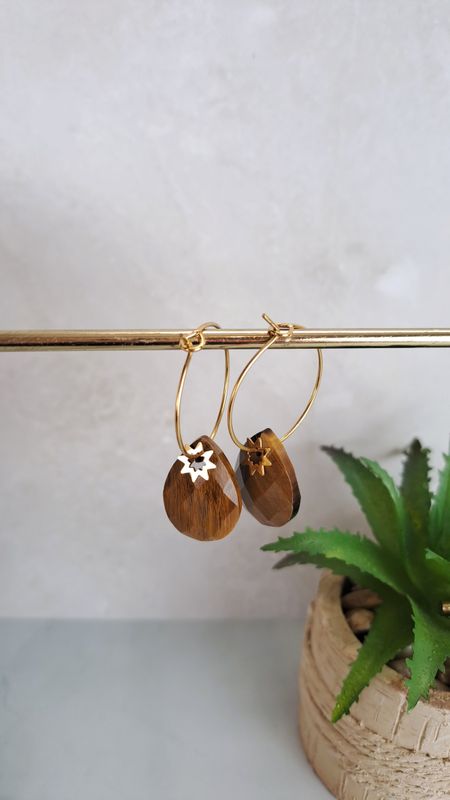 Boucles d'oreilles "Créole" Œil de tigre - Acier inoxydable doré