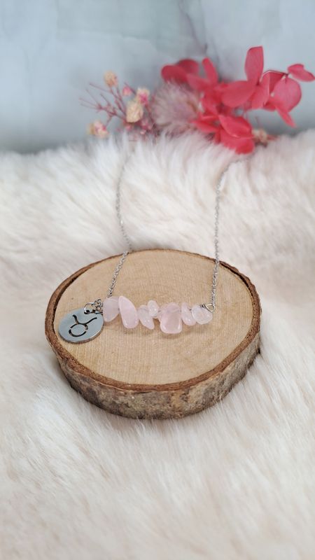 Collier astro Taureau Quartz-rose - Douceur, harmonie