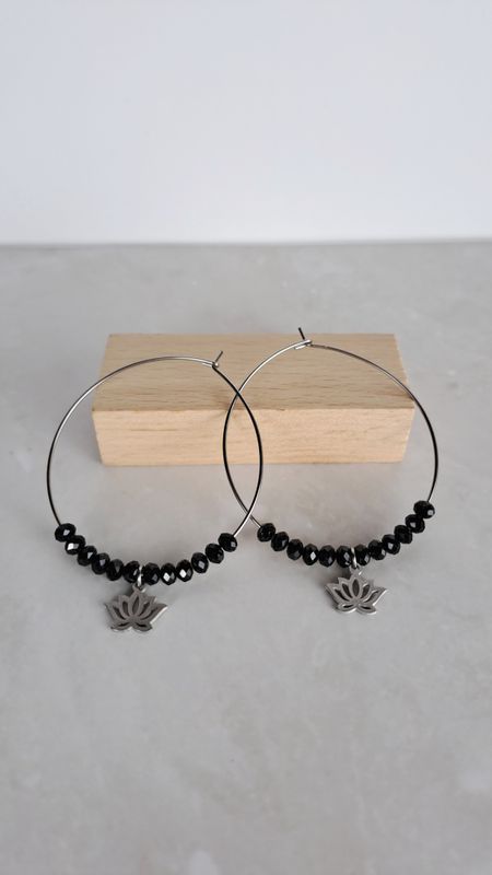 Boucles d'oreilles "Créole" Spinelle noire - Acier inoxydable