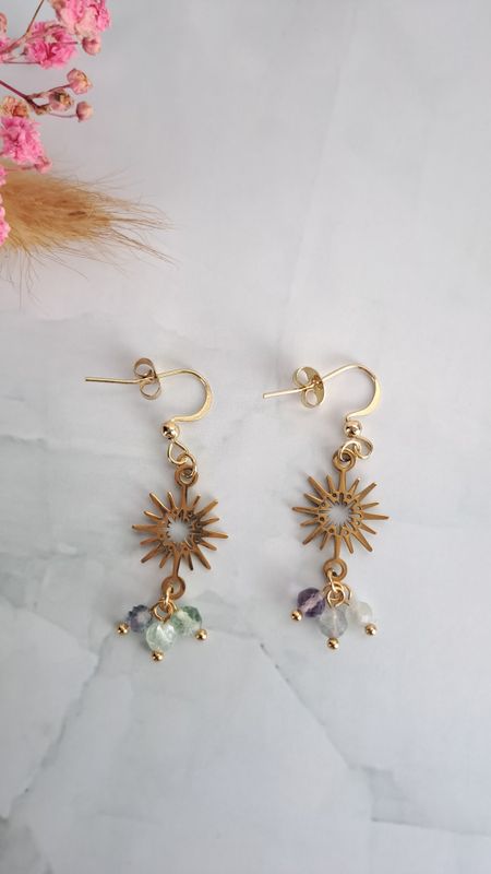 Boucles d'oreilles Fluorite - Acier inoxydable dorée