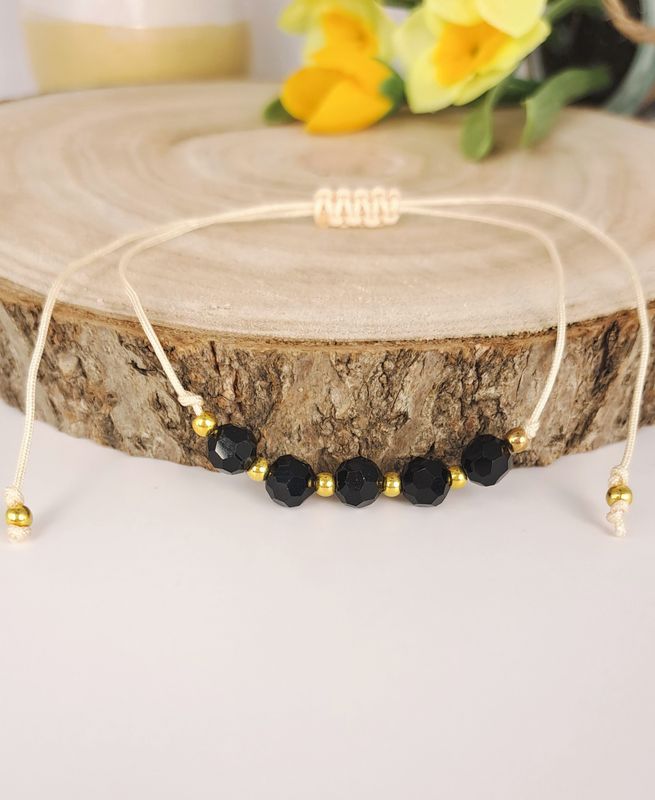 Bracelet cordon 5 perles Tourmaline noire 6mm- Protection