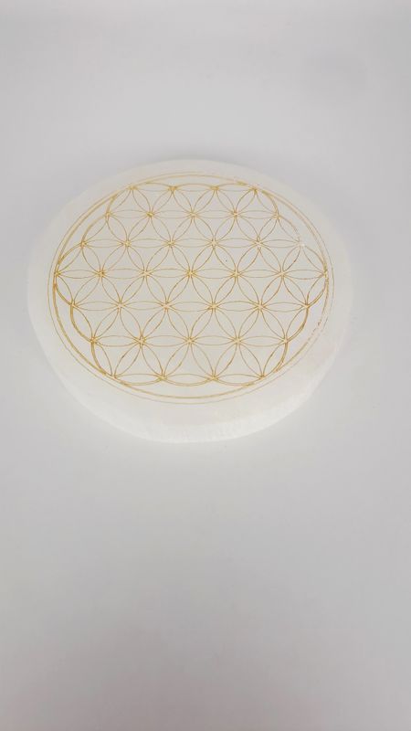Plaque de rechargement en Sélénite et Fleur de vie doré - Purification, apaisement