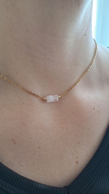 Collier Quartz Rose Cylindre - Acier inoxydable doré