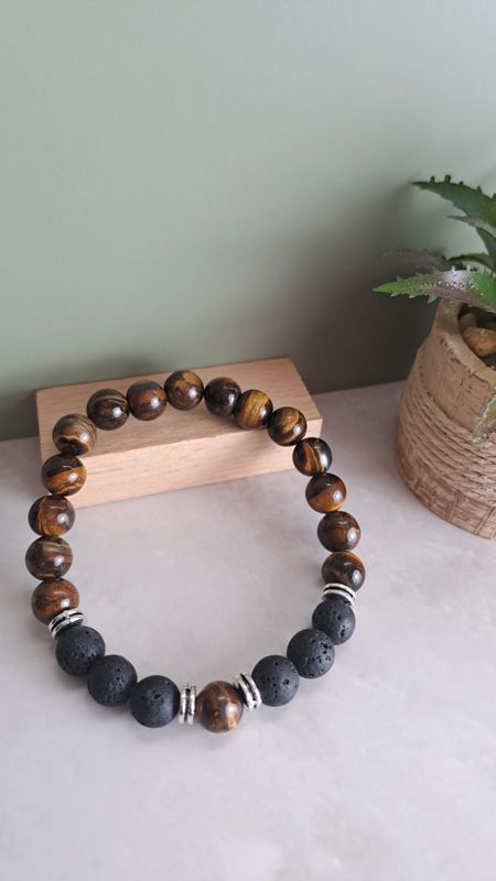 Bracelet Pierre de Lave et Œil de tigre 8mm - Protection et apaisement