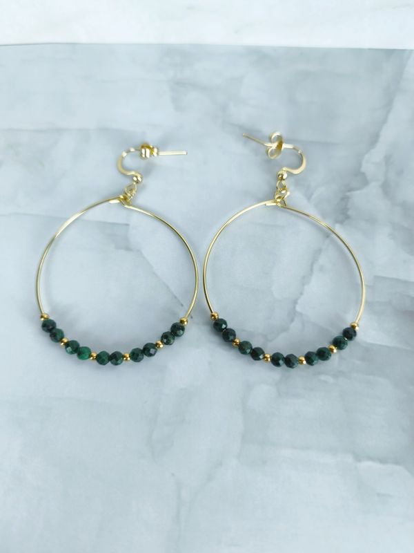 Boucles d'oreilles "Créole" Malachite Facettée - Acier doré