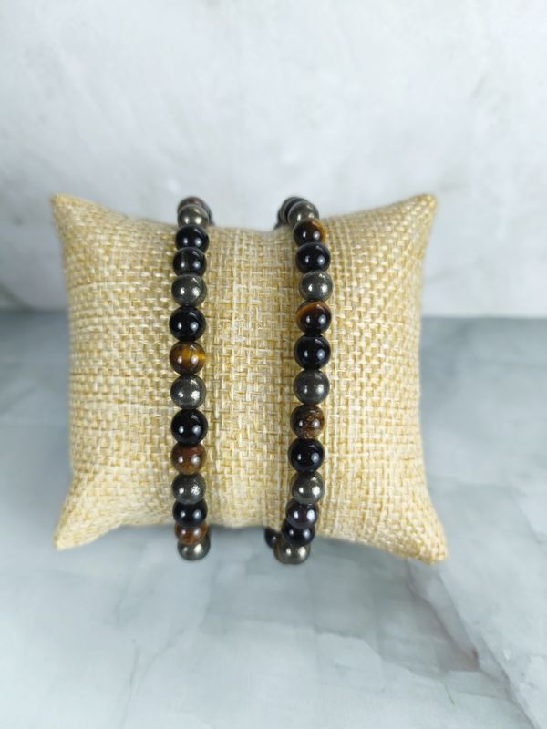 Bracelet Pyrite, Obsidienne noire et Œil de tigre - Protection, force et confiance