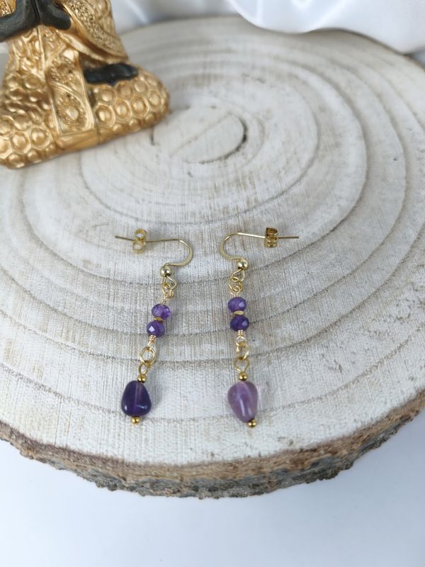 Boucles d'oreilles Améthyste - Acier inoxydable doré