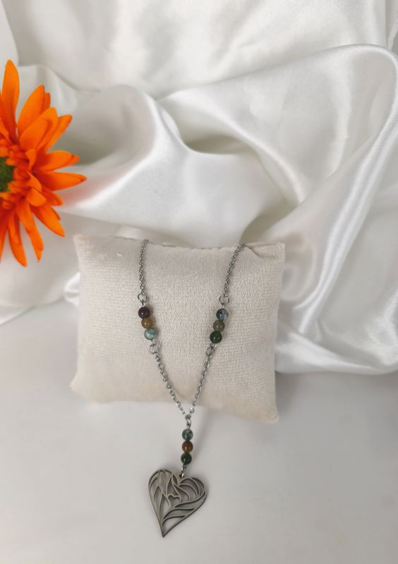 Collier Cœur en Agate Indienne - Acier inoxydable