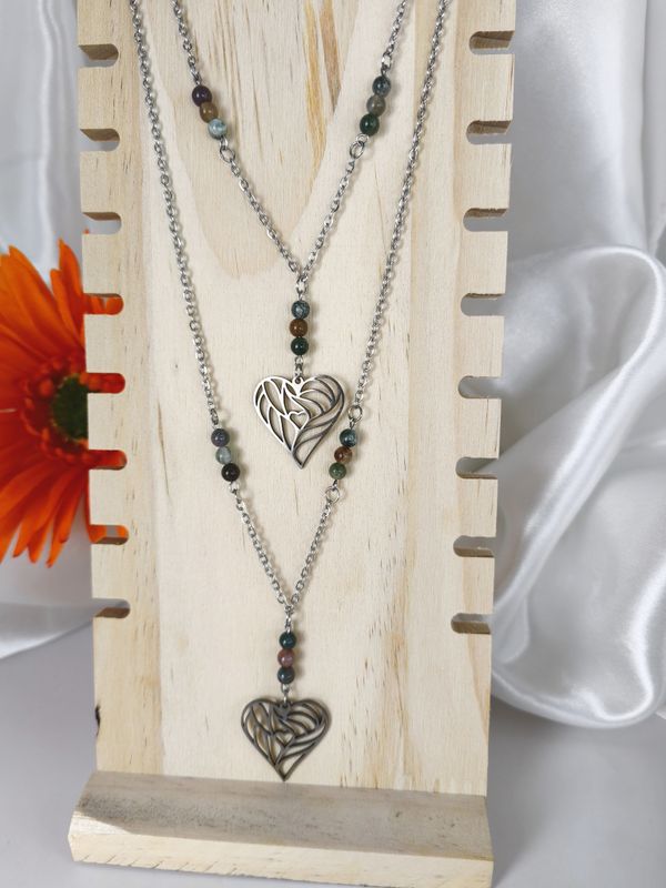 Collier Cœur en Agate Indienne - Acier inoxydable