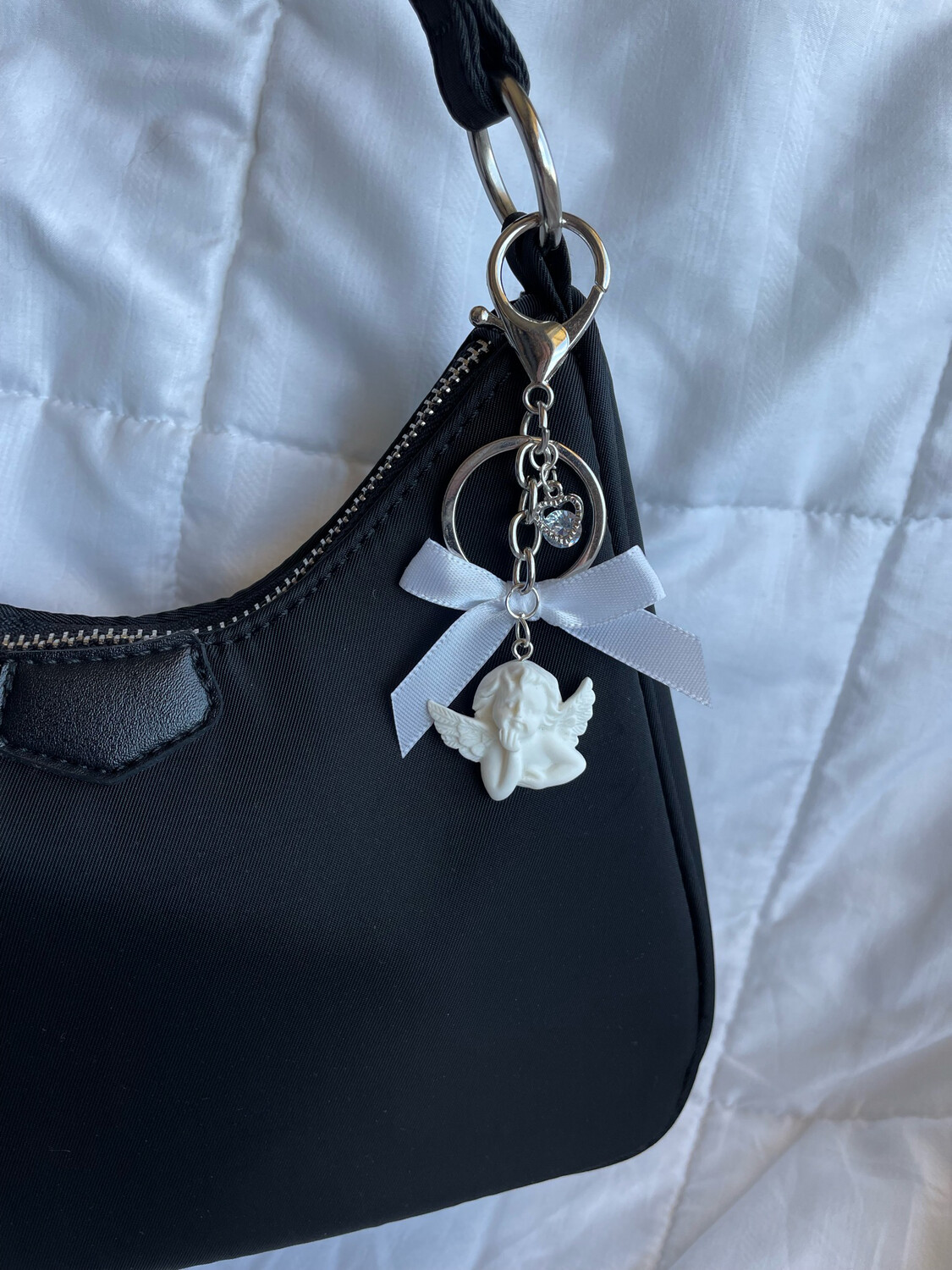 Silver White Angel Bow Rhinestone Bag Charm Keychain