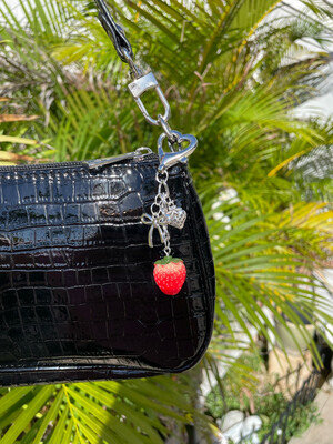 Silver Double Strawberry Ribbon Bag Charm Keychain