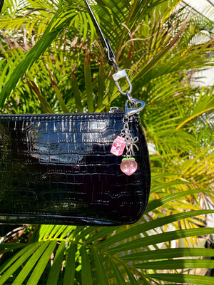 Silver Peach Strawberry Milk Ribbon Bag Charm Keychain