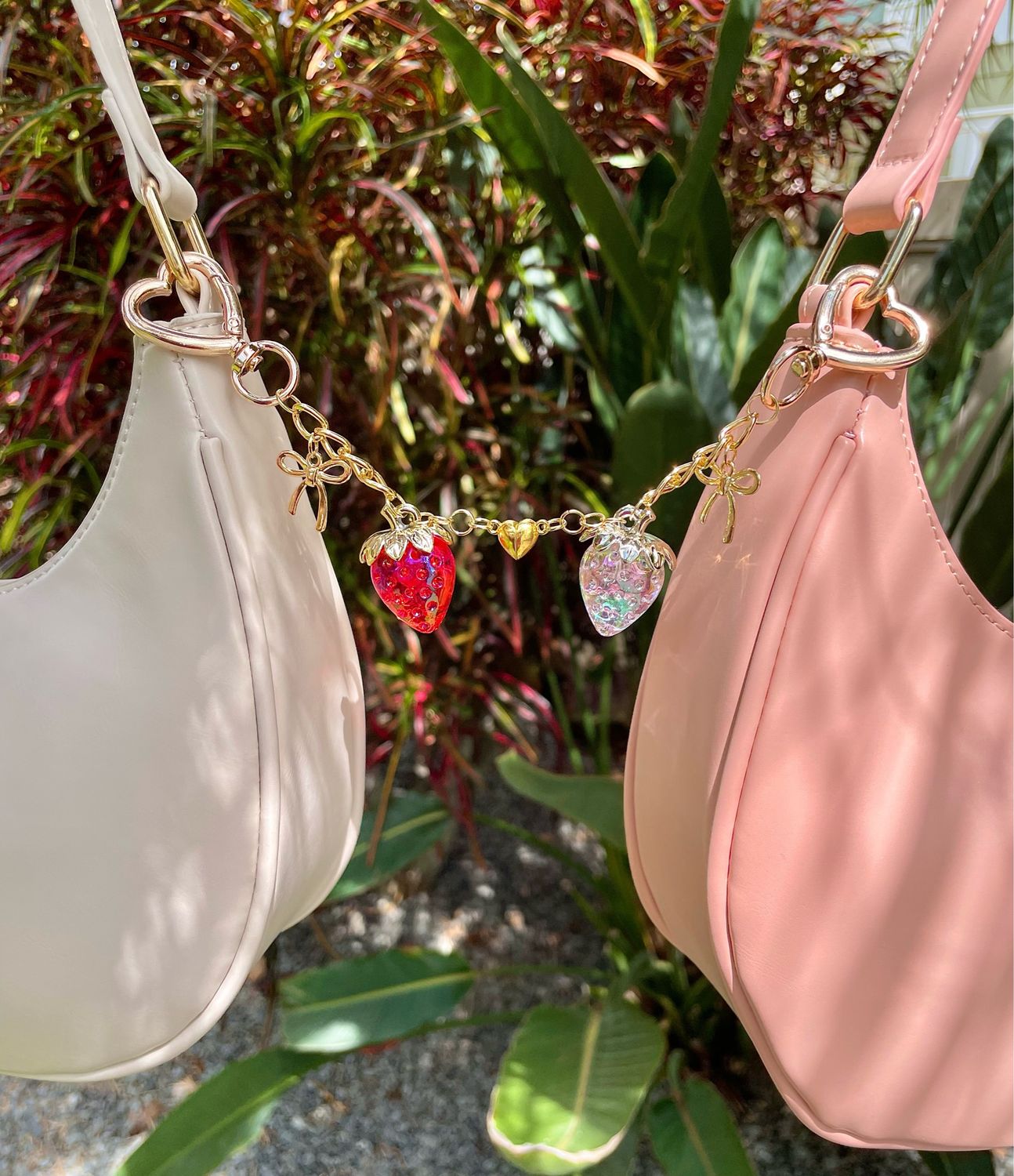 Gold Matching Strawberry Heart Connecting Bag Charm Keychain Set