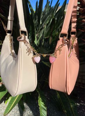 Gold Strawberry Milk Heart Connecting Bag Charm Keychain Set