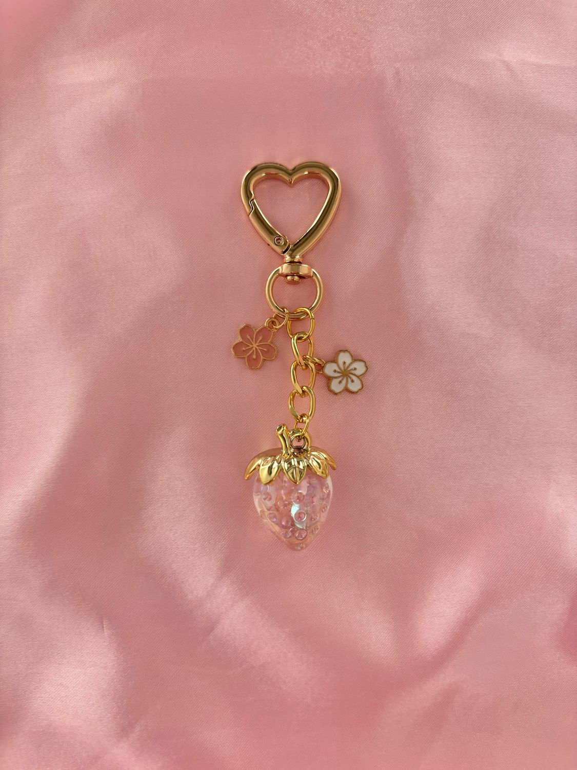 Gold Pink Strawberry Flowers Bag Charm Keychain