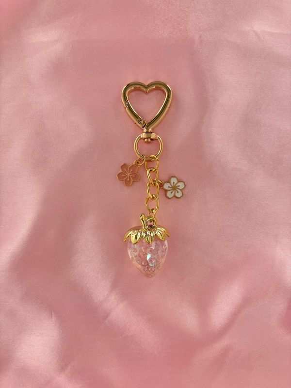 Gold Pink Strawberry Flowers Bag Charm Keychain