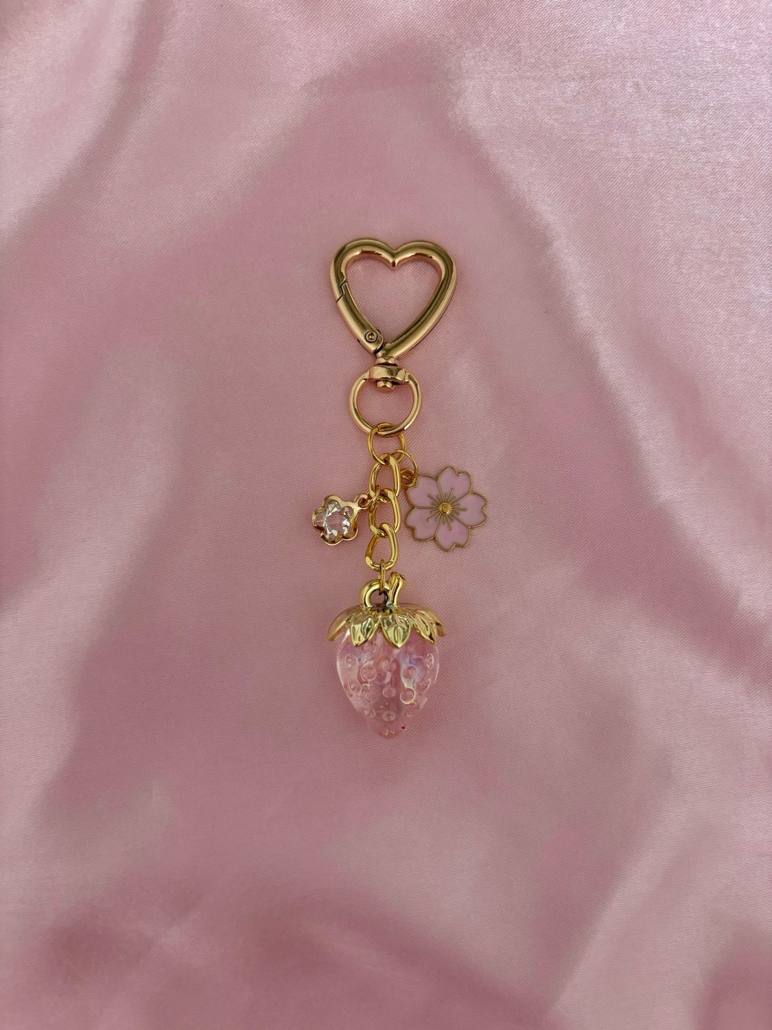 Gold Pink Strawberry Cherry Blossom Flower Rhinestone Bag Charm Keychain