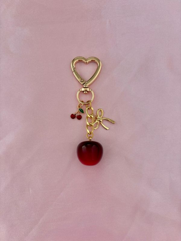 Gold Red Ombré Double Cherry Bow Bag Charm Keychain