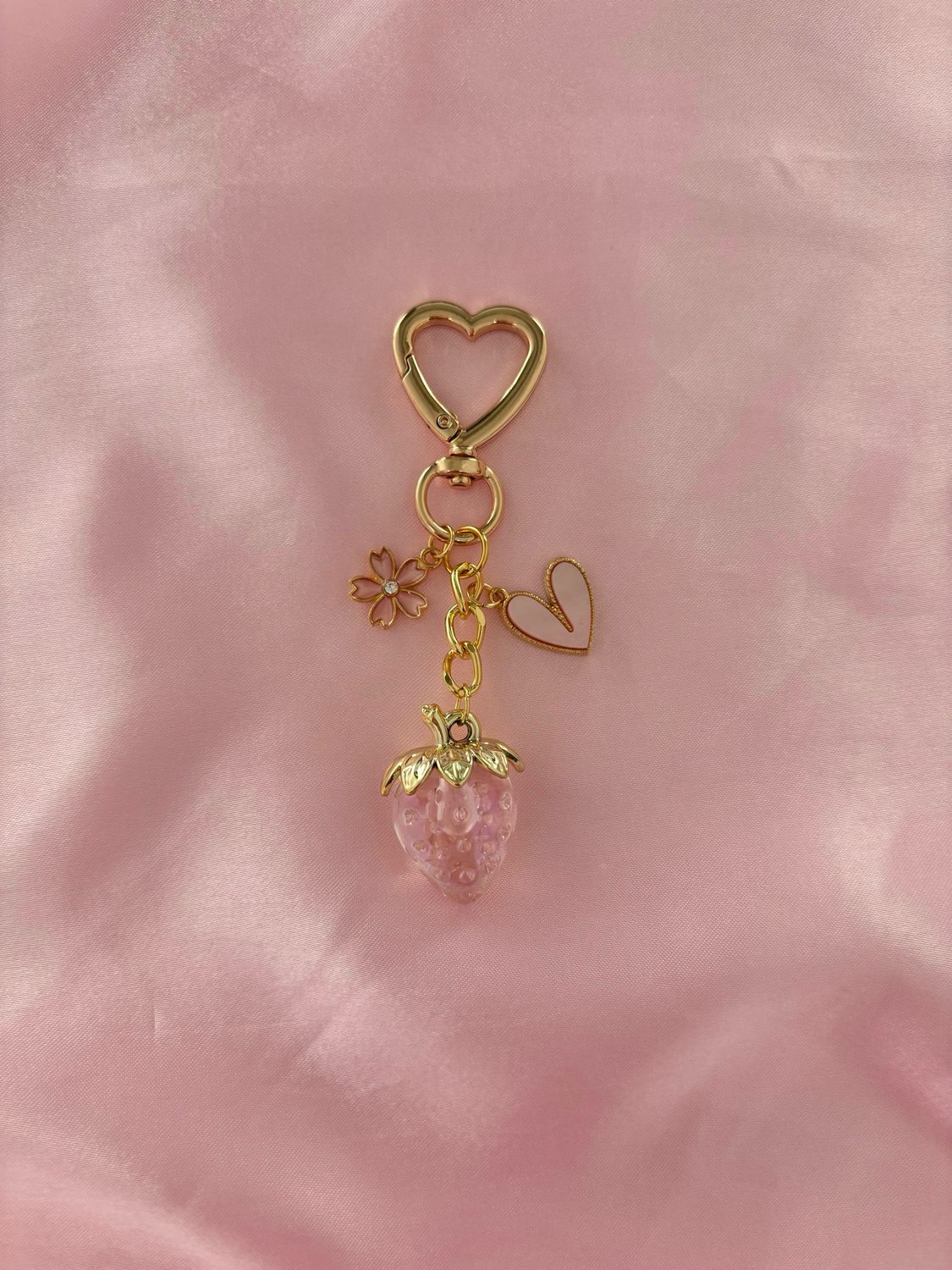 Gold Pink Strawberry Sakura Flower Heart Bag Charm Keychain