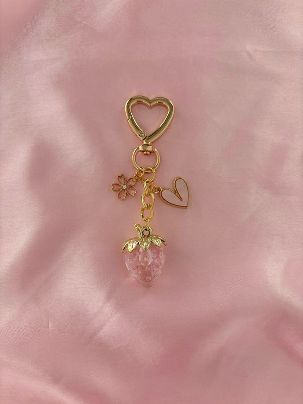 Gold Pink Strawberry Sakura Flower Heart Bag Charm Keychain