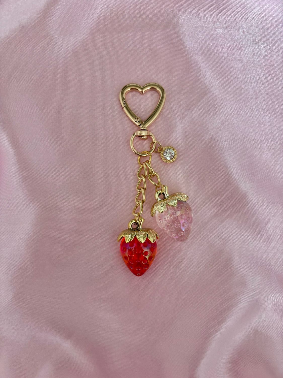 Gold Pink &amp; Red Strawberry Rhinestone Bag Charm Keychain