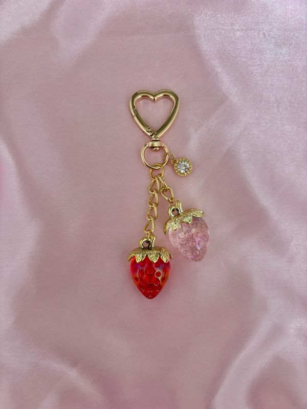 Gold Pink &amp; Red Strawberry Rhinestone Bag Charm Keychain