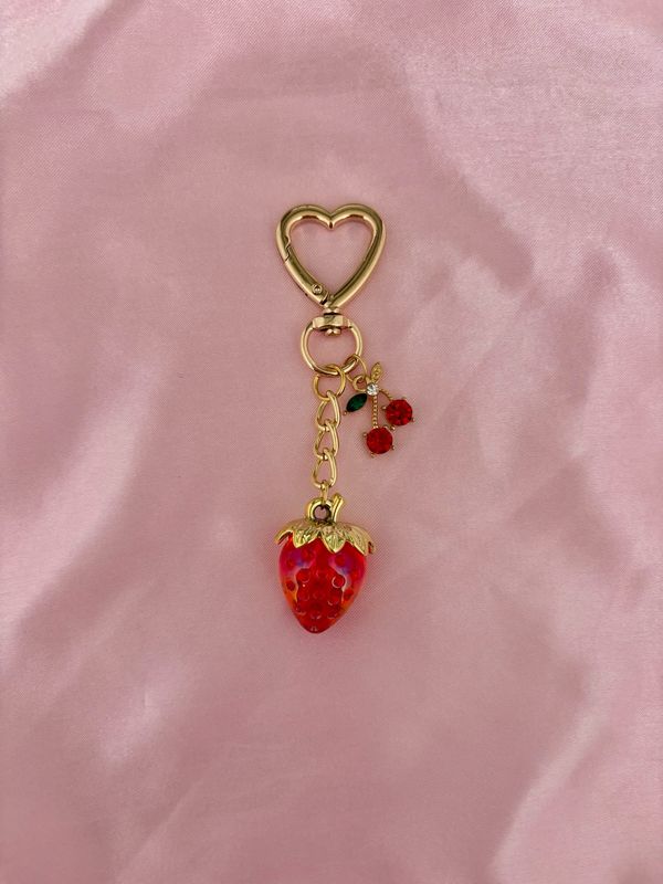 Gold Red Strawberry &amp; Rhinestone Cherry Purse Bag Charm Keychain