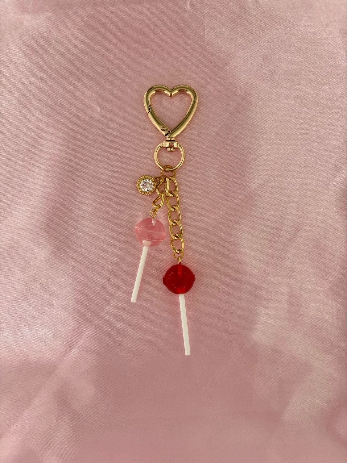Gold Pink &amp; Red Lollipop Rhinestone Purse Bag Charm Keychain