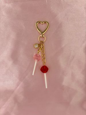 Gold Pink &amp; Red Lollipop Rhinestone Purse Bag Charm Keychain