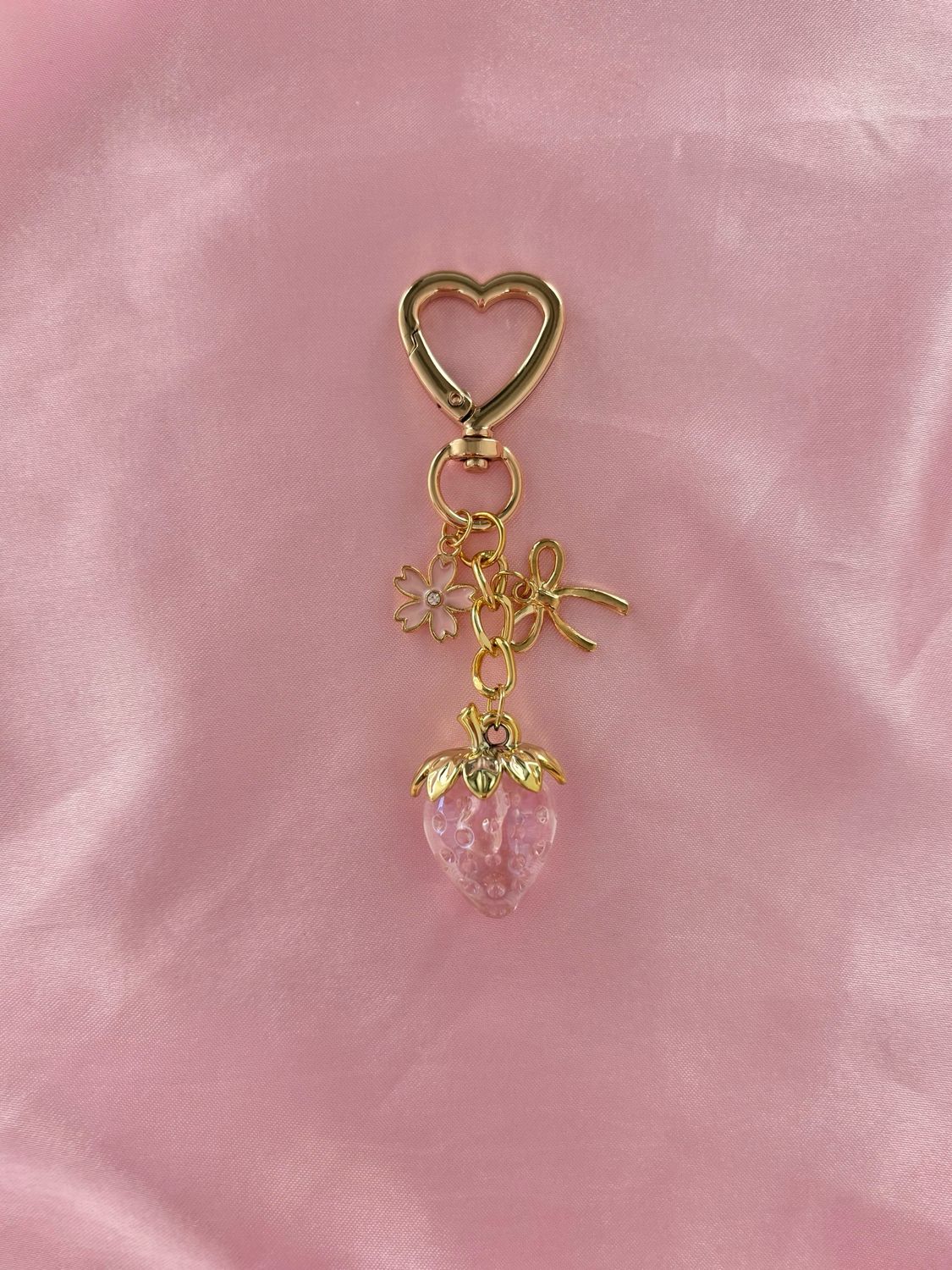 Gold Pink Strawberry Sakura Flower Bag Charm Keychain