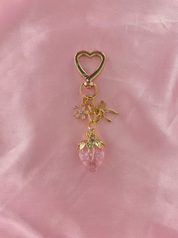 Gold Pink Strawberry Sakura Flower Bag Charm Keychain