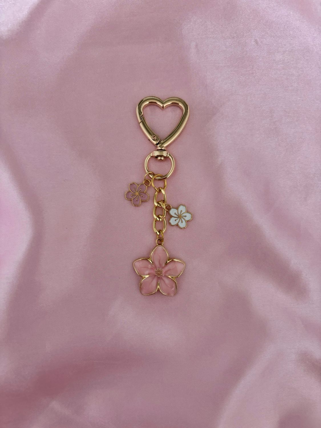 Gold Pink Sakura Flowers Bag Charm Keychain